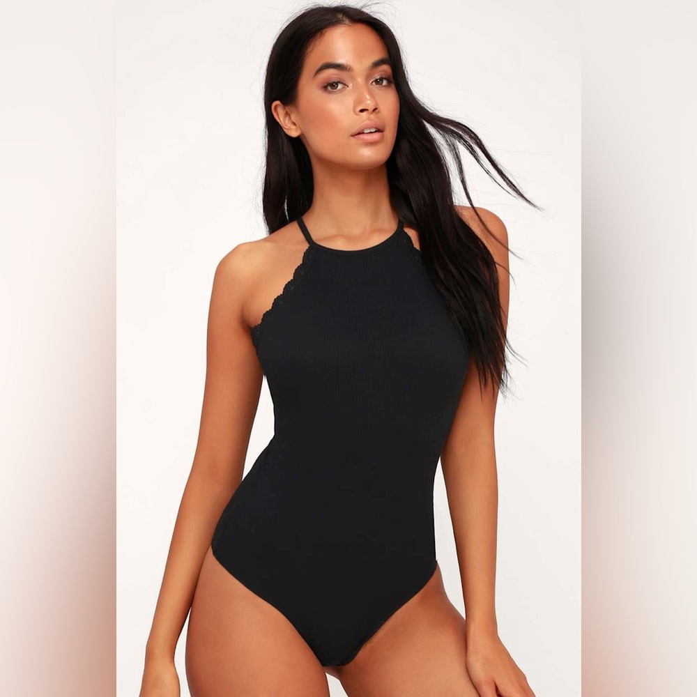 Lulu's Britton Lace Trim Halter Bodysuit